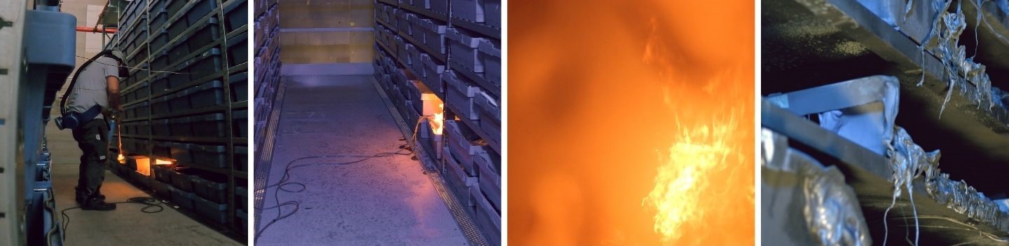 Zeitliche Abfolge und Entwicklung des Brandschutzversuches eines Loeschanlagenkonzepts im Hochregallager in Bildern